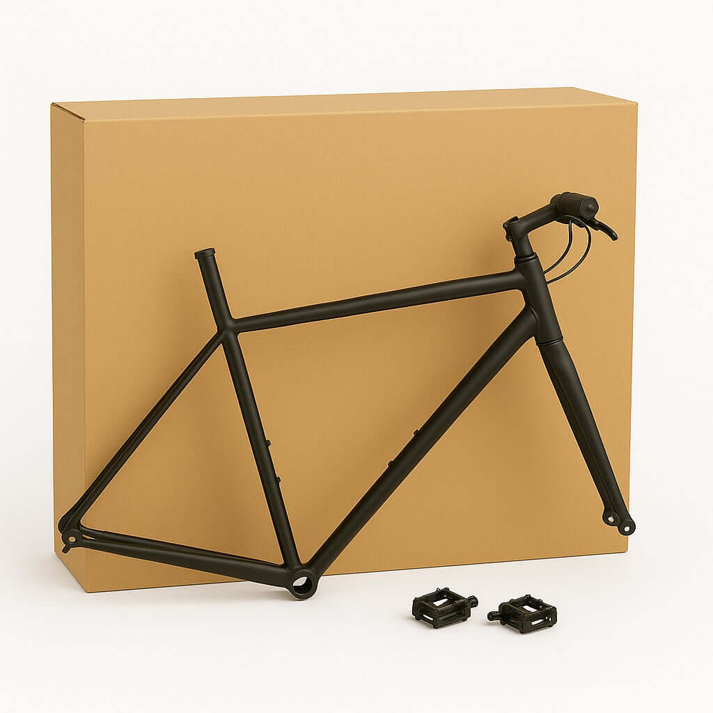 Bicycle frame shipping box with black bicycle frame and pedals next to it, showcasing the product design and usage.