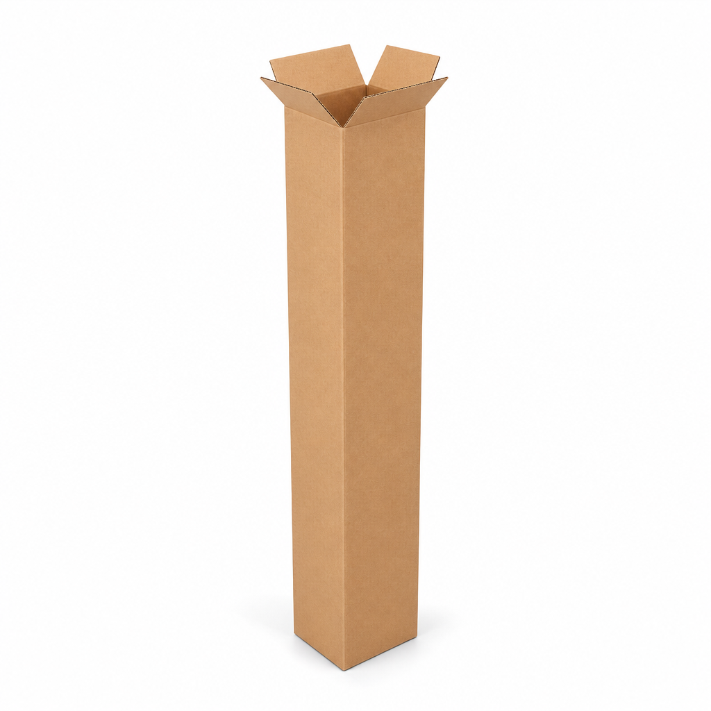 Tall narrow kraft cardboard golf club shipping box with open top flaps
