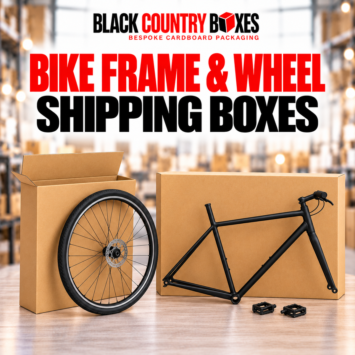 Black Country Boxes bicycle frame and wheel shipping cartons with a bare bike frame and wheel