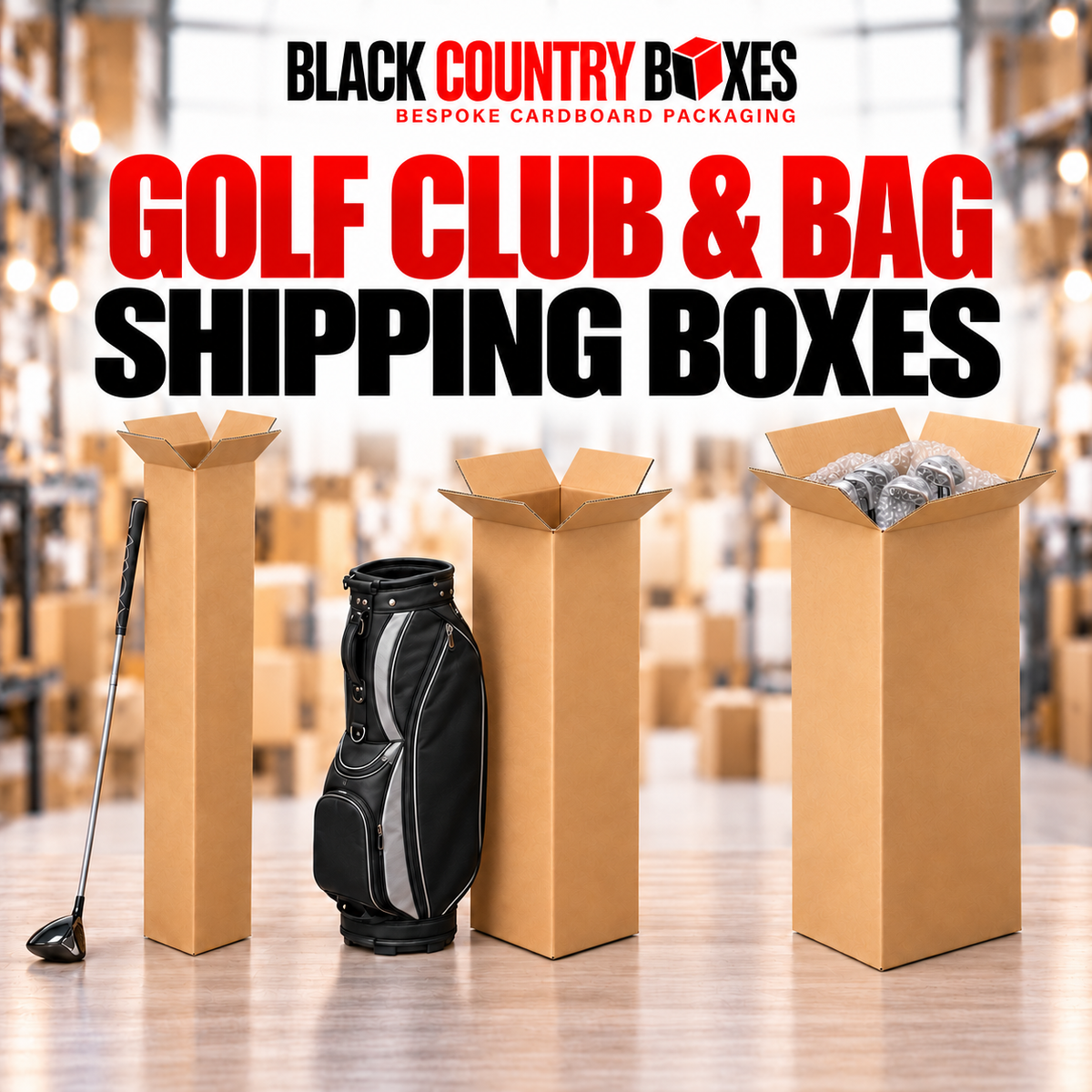 Golf club and bag shipping boxes, including a tall carton for a full-length set of golf clubs