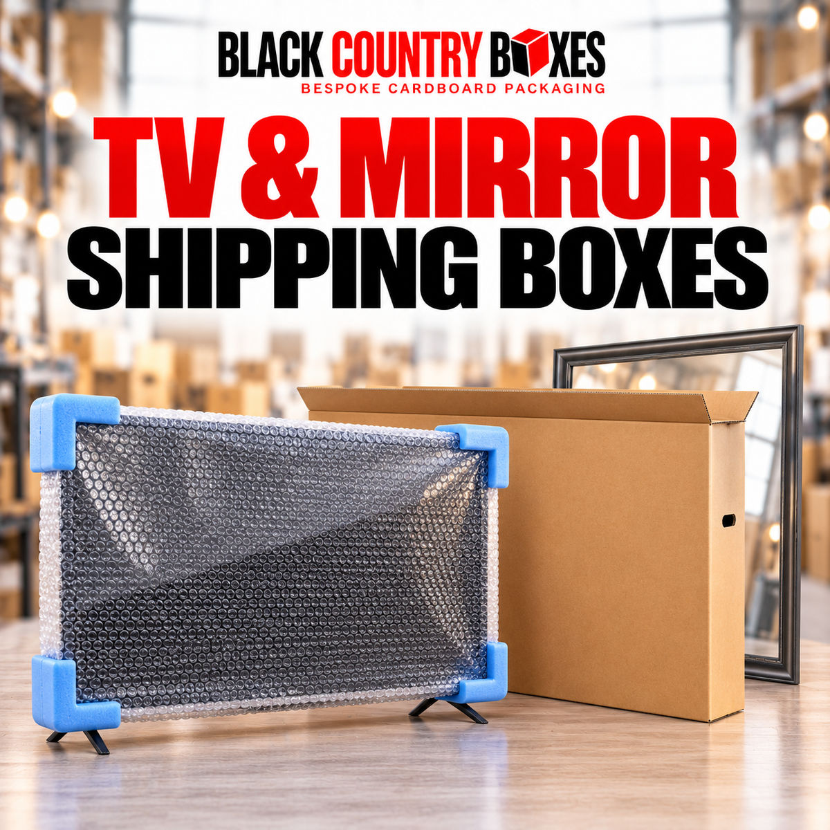 Black Country Boxes TV and mirror shipping boxes, with a television protected by bubble wrap and blue foam corner protectors