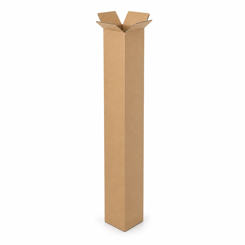 Long brown cardboard golf club shipping box with open top flaps