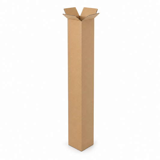 Long brown cardboard golf club shipping box with open top flaps