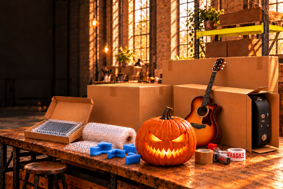 Yellow warehouse racking and plain shipping cartons behind a packing table with an acoustic guitar box, blue foam corners, bubble wrap, sealing and fragile tapes and a grinning pumpkin.