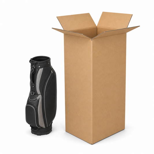 Tall open cardboard golf bag box shown beside an empty black golf bag