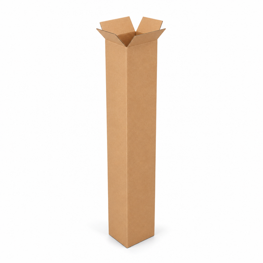 Tall narrow kraft cardboard golf club shipping box with open top flaps