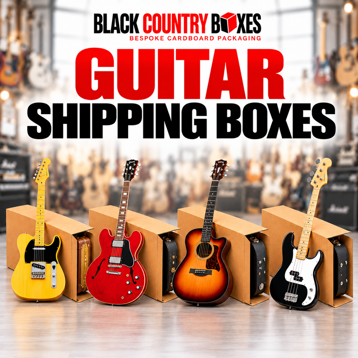 Black Country Boxes shipping boxes for electric, hollow-body, acoustic and bass guitars