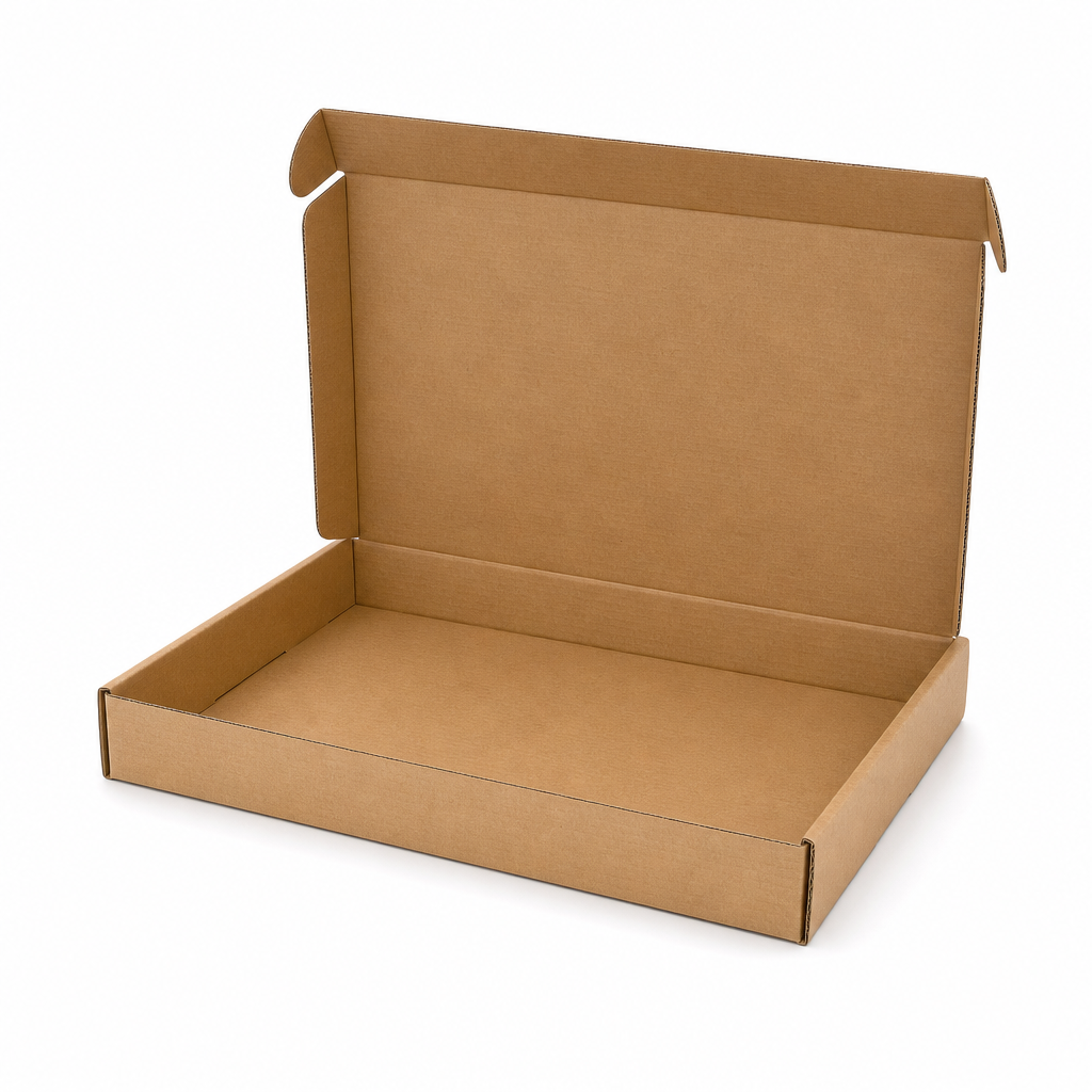 Open brown cardboard laptop shipping box holding a laptop and charger.